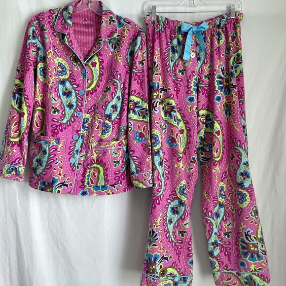 Nick & Nora VTG Flannel Print Pajamas 2 Piece SET Size S Pink Paisley Top Pants - Picture 2 of 16